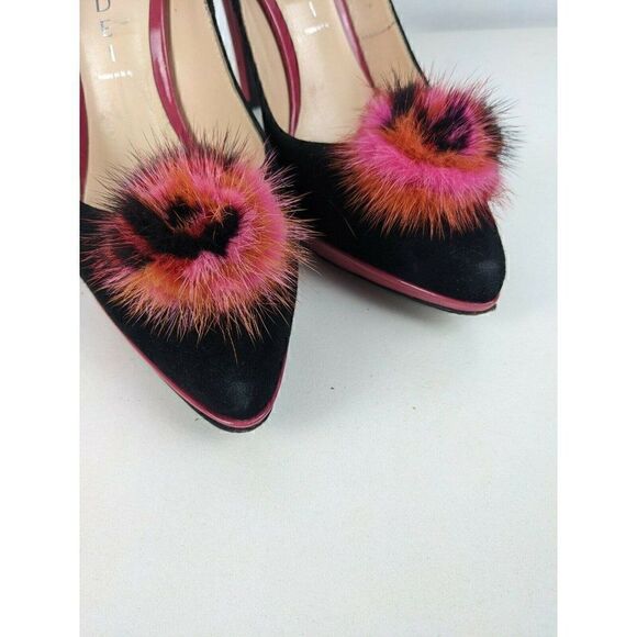 Casadei heels black pink suede ultra high sexy platform fur pompom sz 7 - Picture 12 of 12